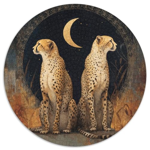 Puzzle 1000pcs (67.5x67.5cm) Erwachsene Leoparden sitzen Rücken an Rücken mit der Mondsichel in der Mitte Damen Herren Holzbrett Präzisions-Interlocking von kaiyun