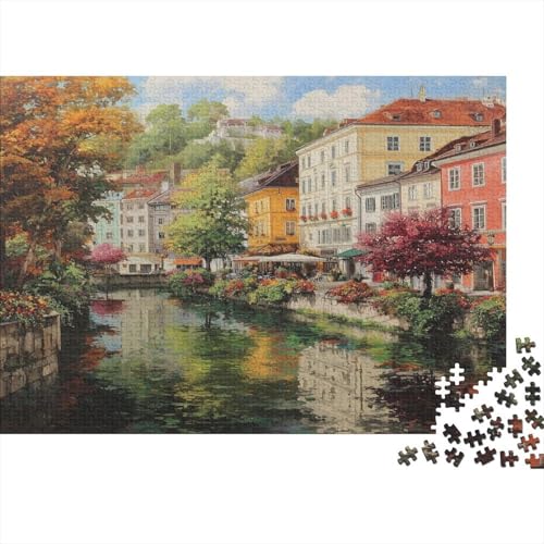 Puzzle 1000pcs (75x50cm) Erwachsene Büsche und EIN Kleiner Kanal im Herbst Damen Herren Holzbrett Präzisions-Interlocking Farbenfrohe Häuser in der Stadt von kaiyun