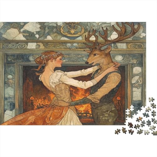 Puzzle 1000pcs (75x50cm) Erwachsene Hirsch und Fuchs Damen Herren Holzbrett Präzisions-Interlocking Kamin von kaiyun