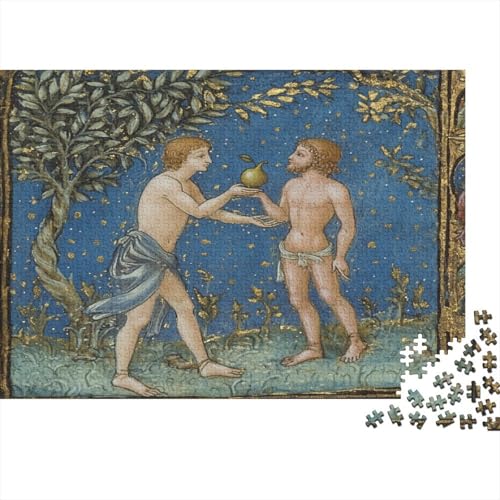 Puzzle 1000pcs (75x50cm) Erwachsene Mittelalterliche Malerei Damen Herren Holzbrett Präzisions-Interlocking Schöner junger Mann bietet Adam eine Birne an von kaiyun