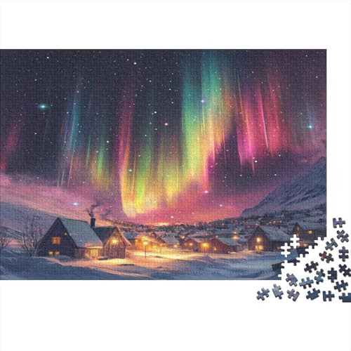 Puzzle 1000pcs (75x50cm) Erwachsene Psychedelisches Aurora-Spektakel über der Schneestadt Damen Herren Holzbrett Präzisions-Interlocking Dorf von kaiyun