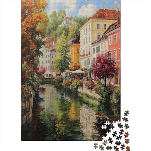 Puzzle 70x50cm/1000pcs Erwachsene Büsche und EIN Kleiner Kanal im Herbst Damen Herren Holzbrett Präzisions-Interlocking Farbenfrohe Häuser in der Stadt von kaiyun