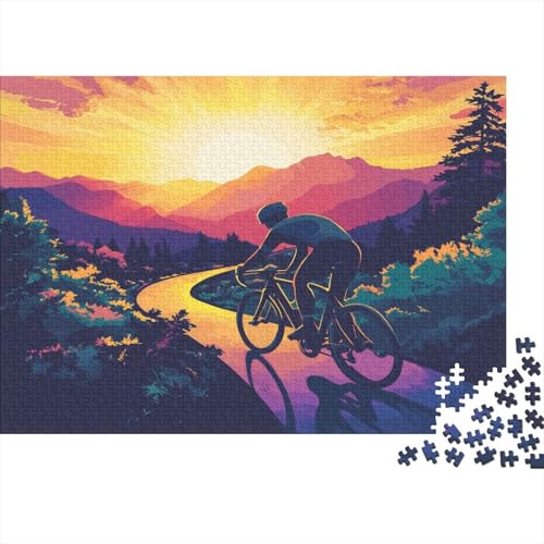 Radfahrer Going Up The Hill at Stunning Sonnenaufgang 1000pcs (75x50cm) Puzzles, Die Für Erwachsene Und Personen Ab 14 Jahren Geeignet Sind Grüne Bäume und majestätische Berge von kaiyun