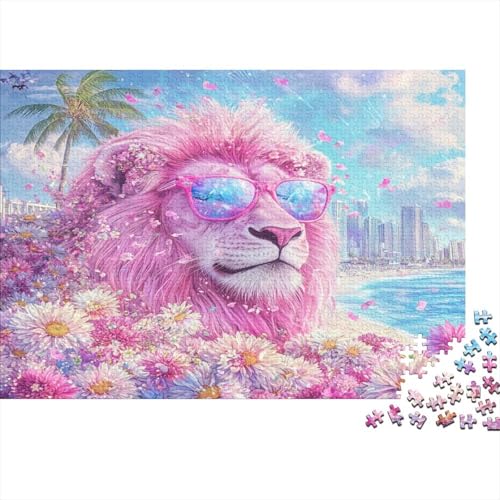 Rosa Löwe mit Sonnenbrille 1000pcs (75x50cm) Schwer Puzzle Lernspiel Impossible Strand City Herausforderung Spielzeug Für Erwachsene Kinder von kaiyun