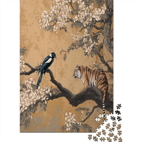Schöne Elster blickt auf Tiger auf einem AST herab Puzzle 1000 Teile Für Erwachsene, Lernspiele, Heimdekoration38x26cm/1000pcs von kaiyun