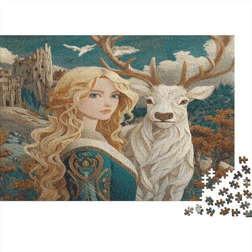 Schöne Junge Frau im Mittelalter,Riesiger weißer Hirsch Gemusterte Nachhaltige Für Erwachsene Hochwertige Holzspielpuzzles 1000pcs (75x50cm) von kaiyun