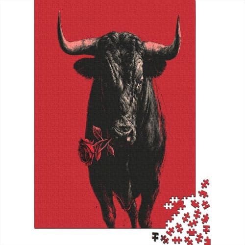 The Kuh Holds A Rote Rose in Its Mouth Puzzle 1000 Teile, Lernspiel, Unmöglich, Anspruchsvolles Spielzeug Für Erwachsene Und Kinder Ab 14 Jahren 38x26cm/1000pcs von kaiyun