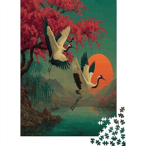 Vögel fliegen über den See Puzzle 1000 Teile, Lernspiel, Unmöglich Rosa Kirschblüten und grüne Weiden, Anspruchsvolles Spielzeug Für Erwachsene Und Kinder Ab 14 Jahren 70x50cm/1000pcs von kaiyun