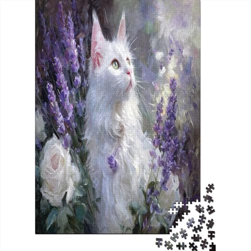 Wunderschöne weiße, Flauschige Katze, Lavendel Weiße Rosen,Rätsel Für Erwachsene 38x26cm/1000pcs,Herausforderungsspiele von kaiyun