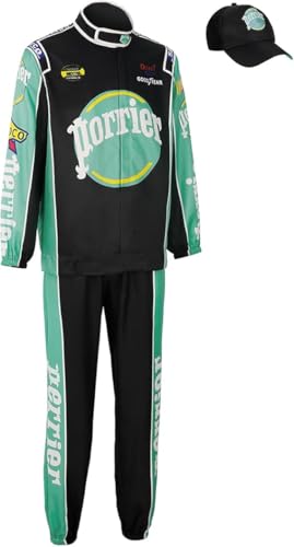 kakufunny 7-teiliges Herren-Kostüm Rennwagen, komplettes Cosplay-Set, Renn-Overall und Kappe, Halloween-Kostüm, Grün , X-Large von kakufunny