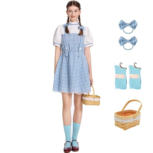 kakufunny Blaues und weißes Vichy-Kleid, Buchgeschichten-Kostüme für Damen, mit Schleifen, Socken und Korb kakufunny Blaues und weißes Vichy-Kleid, Buchgeschichten-Kostüme für Damen, mit Schleifen, Socken und Korb von kakufunny