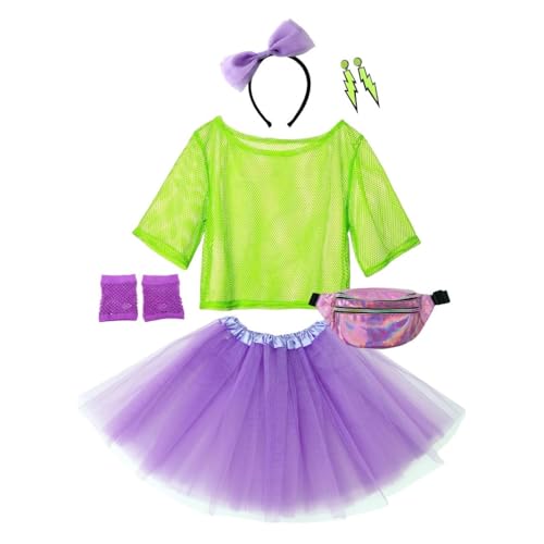 kakufunny Damen 80er Jahre Retro Kostüm Set, Neon Fischnetz Top mit lila Tutu Rock, holografische Bauchtasche und Zubehör, Neongrün und Violett, L kakufunny Damen 80er Jahre Retro Kostüm Set, Neon Fischnetz Top mit lila Tutu Rock, holografische Bauchtasche und Zubehör, Neongrün und Violett, L von kakufunny