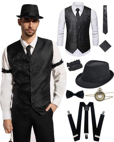 20er Jahre Kostüm Herren, Mafia Gangster Karneval Kostüm Peaky Blinders Kostüm 20er jahre accessoires Set mit Weste Hut Hosenträger Taschenuhr Krawatten für Fasching Mortto Party (Black, XL) von kasahara