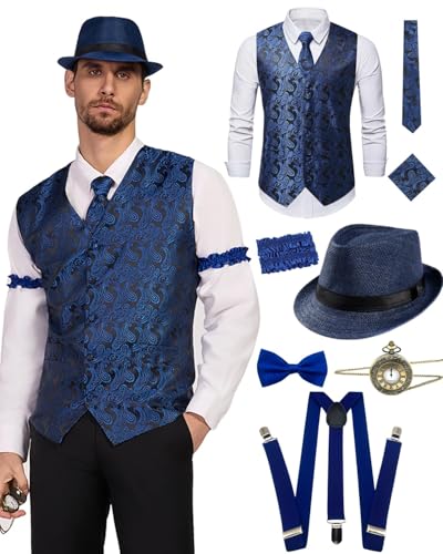 20er Jahre Kostüm Herren, Mafia Gangster Karneval Kostüm Peaky Blinders Kostüm 20er jahre accessoires Set mit Weste Hut Hosenträger Taschenuhr Krawatten für Fasching Mortto Party (Blue, 2XL) von kasahara
