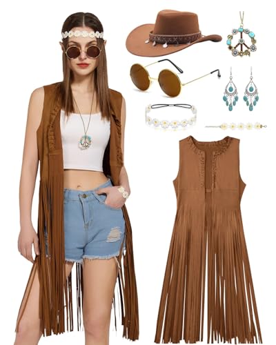 7pcs Hippie Kostüm Damen Set Cowgirl Kostüm Hippie Tassel Weste 70er Jahre Outfit Cowboy Hut Halloween Mottoparty Karneval Faschingskostüme (Brown, M) von kasahara