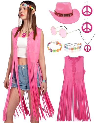 7pcs Hippie Kostüm Damen Set Cowgirl Kostüm Hippie Tassel Weste 70er Jahre Outfit Cowboy Hut Halloween Mottoparty Karneval Faschingskostüme (Pink, L-) von kasahara