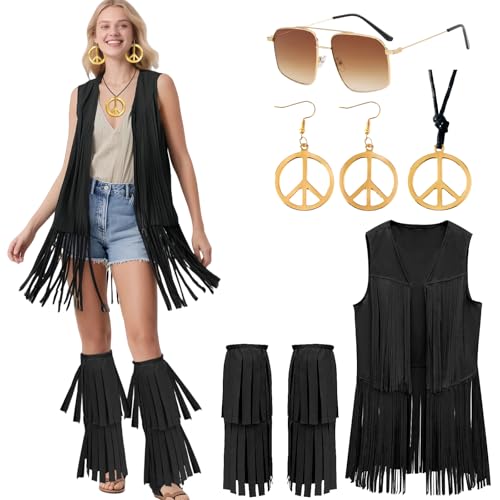 Hippie Kostüm Damen Set Cowgirl Kostüm Hippie Tassel Weste Back To 70er Jahre Outfit Halloween Mottoparty Karneval Festival Faschingskostüme (Brown, L) (Black, L) von kasahara