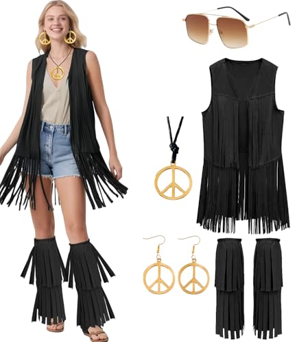 Hippie Kostüm Damen Set Cowgirl Kostüm Hippie Tassel Weste Back To 70er Jahre Outfit Halloween Mottoparty Karneval Festival Faschingskostüme (Brown, L) (Black, S) von kasahara