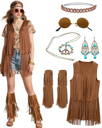 Hippie Kostüm Damen Set Cowgirl Kostüm Hippie Tassel Weste Back To 70er Jahre Outfit Halloween Mottoparty Karneval Festival Faschingskostüme Boho Chic Outfit (Brown, L) von kasahara