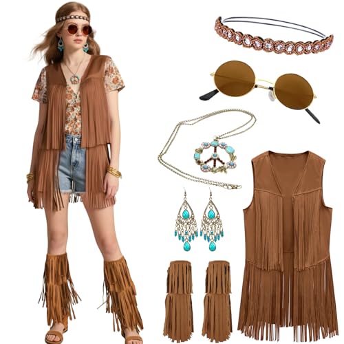 Hippie Kostüm Damen Set Cowgirl Kostüm Hippie Tassel Weste Back To 70er Jahre Outfit Halloween Mottoparty Karneval Festival Faschingskostüme Boho Chic Outfit (Brown, XL) von kasahara