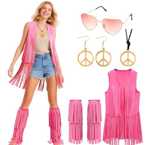 Hippie Kostüm Damen Set Cowgirl Kostüm Hippie Tassel Weste Back To 70er Jahre Outfit Halloween Mottoparty Karneval Festival Faschingskostüme Boho Chic Outfit (Pink, XL) von kasahara