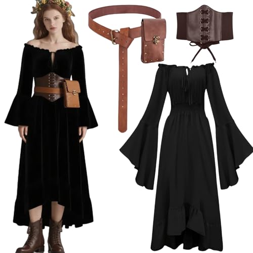 Mittelalter Kleidung Damen Set, Pirate Bluse Kleid Renaissance Feen Kostüm Hexen Bekleidung Time Travel Outfit mit Corsett, Gürteltasche, Gürtel, Faschingskostüm Festival Outfit (Black, M) von kasahara