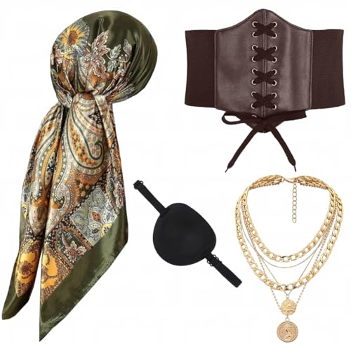 Mittelalter Piratenkostüm Korsett Piratin Kostüm Accessories Damen Kopftuch Bandanas Taillengürtel Augenklappe Halloween Fasching Mottoparty Cosplay Outfit (Green, 78cm-korsett) von kasahara