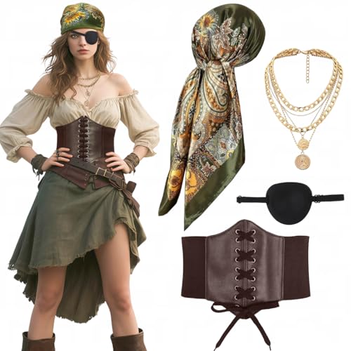 Mittelalter Piratenkostüm Korsett Piratin Kostüm Accessories Damen Kopftuch Bandanas Taillengürtel Augenklappe Halloween Fasching Mottoparty Cosplay Outfit (Green, L) von kasahara