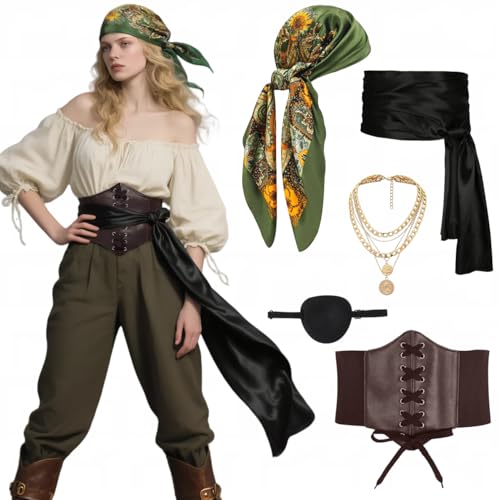 Mittelalter Piratenkostüm Korsett Piratin Kostüm Accessories Damen Kopftuch Bandanas Taillengürtel Augenklappe Halloween Fasching Mottoparty Cosplay Outfit (Green-Brown, M) von kasahara
