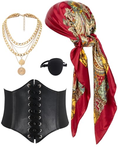 Mittelalter Piratenkostüm Korsett Piratin Kostüm Accessories Damen Kopftuch Bandanas Taillengürtel Augenklappe Halloween Fasching Mottoparty Cosplay Outfit (Red, 78cm-korsett) von kasahara