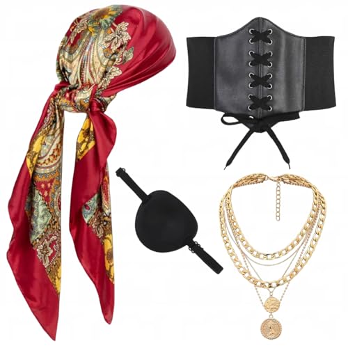 Mittelalter Piratenkostüm Korsett Piratin Kostüm Accessories Damen Kopftuch Bandanas Taillengürtel Augenklappe Halloween Fasching Mottoparty Cosplay Outfit (Red, L) von kasahara