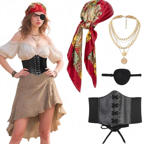 Mittelalter Piratenkostüm Korsett Piratin Kostüm Accessories Damen Kopftuch Bandanas Taillengürtel Augenklappe Halloween Fasching Mottoparty Cosplay Outfit (Red, S) von kasahara