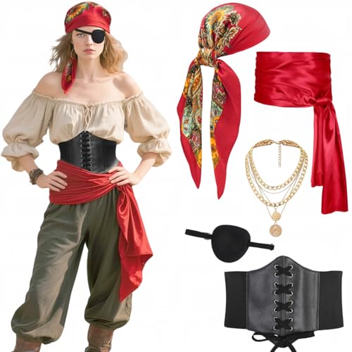 Mittelalter Piratenkostüm Korsett Piratin Kostüm Accessories Damen Kopftuch Bandanas Taillengürtel Augenklappe Halloween Fasching Mottoparty Cosplay Outfit (Red-Black, M) von kasahara