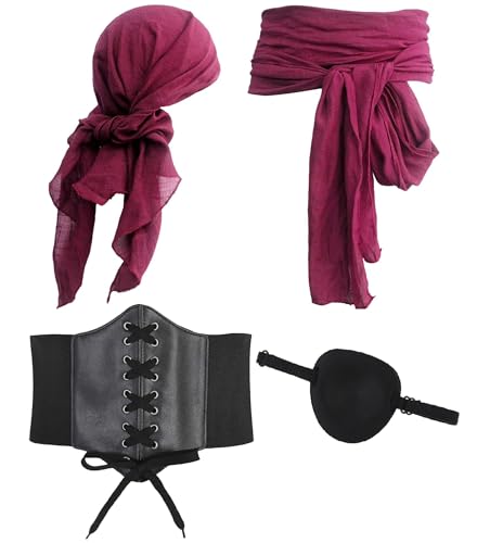 Mittelalter Piratenkostüm Korsett Piratin Kostüm Damen Accessories Kopftuch Bandanas Taillengürtel Augenklappe Halloween Fasching Mottoparty Cosplay Outfit (Wine-Red, 78cm) von kasahara