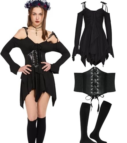 kasahara 3pcs Gothic Kleidung Damen Mittelalter Fairy Off-Shoulder Kleid Retro Witch Renaissance Bekleidung mit Korsett, Lange Socken, Viktorianisch Karneval Faschingskostüm (Black, M) von kasahara