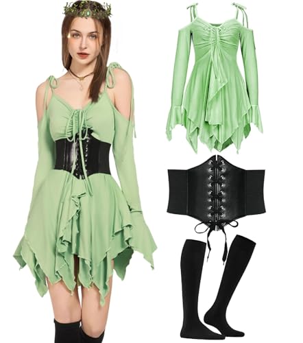 kasahara 3pcs Gothic Kleidung Damen Mittelalter Fairy Off-Shoulder Kleid Retro Witch Renaissance Bekleidung mit Korsett, Lange Socken, Viktorianisch Karneval Faschingskostüm (Green, L) von kasahara