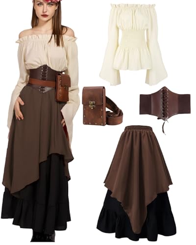 kasahara 5pcs Mittelalter Kleidung Damen Set, Retro Off Shoulder Bluse Kleid Renaissance Kostüm Victorian Bekleidung Maxi Dressm mit Corsett, Gürteltasche, Gürtel, Karneval Faschingskostüm (Brown, L) kasahara 5pcs Mittelalter Kleidung Damen Set, Retro Off Shoulder Bluse Kleid Renaissance Kostüm Victorian Bekleidung Maxi Dressm mit Corsett, Gürteltasche, Gürtel, Karneval Faschingskostüm (Brown, L) von kasahara