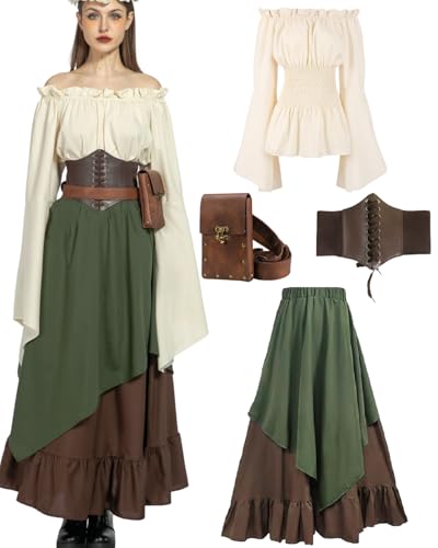kasahara 5pcs Mittelalter Kleidung Damen Set, Retro Off Shoulder Bluse Kleid Renaissance Kostüm Victorian Bekleidung Maxi Dressm mit Corsett, Gürteltasche, Gürtel, Karneval Faschingskostüm (Green, L) kasahara 5pcs Mittelalter Kleidung Damen Set, Retro Off Shoulder Bluse Kleid Renaissance Kostüm Victorian Bekleidung Maxi Dressm mit Corsett, Gürteltasche, Gürtel, Karneval Faschingskostüm (Green, L) von kasahara