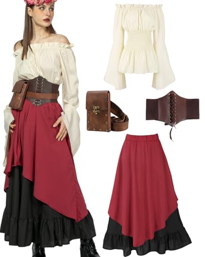 kasahara 5pcs Mittelalter Kleidung Damen Set, Retro Off Shoulder Bluse Kleid Renaissance Kostüm Victorian Bekleidung Maxi Dressm mit Corsett, Gürteltasche, Gürtel, Karneval Faschingskostüm (Red, M) von kasahara