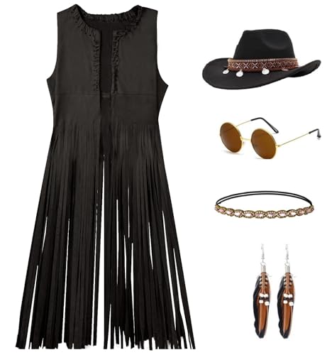 7pcs Hippie Kostüm Damen Set Cowgirl Kostüm Hippie Tassel Weste 70er Jahre Outfit Cowboy Hut Halloween Mottoparty Karneval Faschingskostüme (Black, 3XL) von kasahara