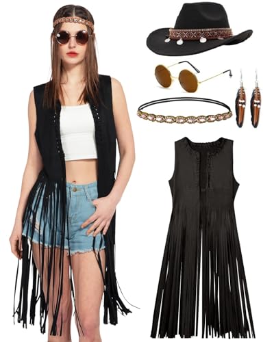 kasahara 7pcs Hippie Kostüm Damen Set Cowgirl Kostüm Hippie Tassel Weste 70er Jahre Outfit Cowboy Hut Halloween Mottoparty Karneval Faschingskostüme (Black, S) von kasahara