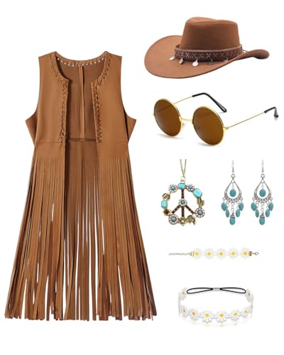 kasahara 7pcs Hippie Kostüm Damen Set Cowgirl Kostüm Hippie Tassel Weste 70er Jahre Outfit Cowboy Hut Halloween Mottoparty Karneval Faschingskostüme (Brown, XXS) von kasahara