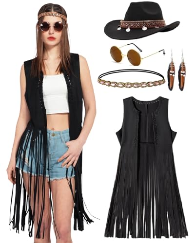 kasahara 7pcs Hippie Kostüm Damen Set Cowgirl Kostüm Hippie Tassel Weste 70er Jahre Outfit Cowboy Hut Halloween Mottoparty Karneval Faschingskostüme (Black, L) von kasahara