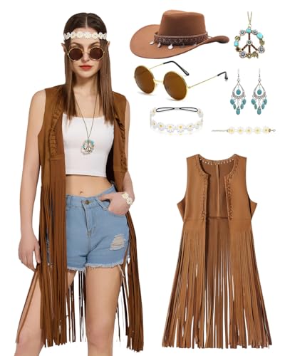 kasahara 7pcs Hippie Kostüm Damen Set Cowgirl Kostüm Hippie Tassel Weste 70er Jahre Outfit Cowboy Hut Halloween Mottoparty Karneval Faschingskostüme (Brown, M) von kasahara