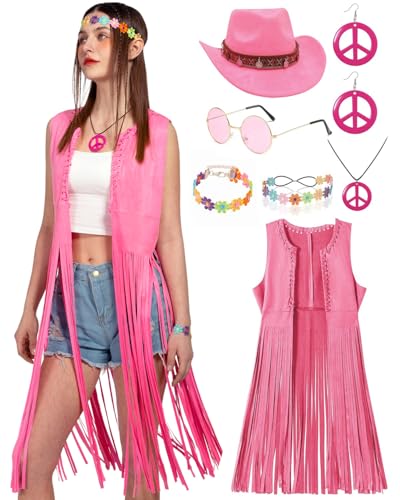 kasahara 7pcs Hippie Kostüm Damen Set Cowgirl Kostüm Hippie Tassel Weste 70er Jahre Outfit Cowboy Hut Halloween Mottoparty Karneval Faschingskostüme (Pink, L) von kasahara