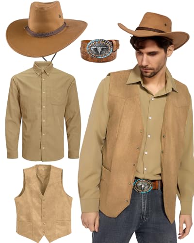 kasahara Cowboy-Kostüm für Herren, Western-Outfit für Herren, Cowboyhut und Weste, Western-Arbeitshemd mit Cowboy-Gürtel, Zubehör, Khaki, Größe M, 4 Stück von kasahara