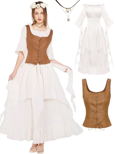 kasahara Damen Renaissance Kleid Kostüm mit Weste Mittelalter Outfit Übergröße Viktorianisches Gothic Hexenkleid Braun L/XL von kasahara