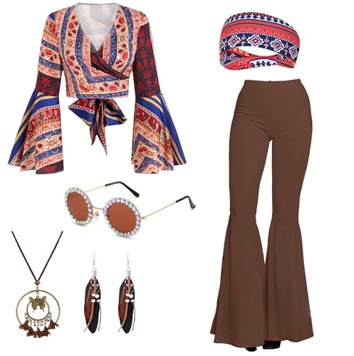 kasahara Hippie Kostüm Damen Full Set 60er 70er Jahre Hippie Bekleidung Abba Disco Outfit mit Oberteile Schlaghose Halloween Mottoparty Karneval Faschingskostüme (Mischfarben, M) von kasahara