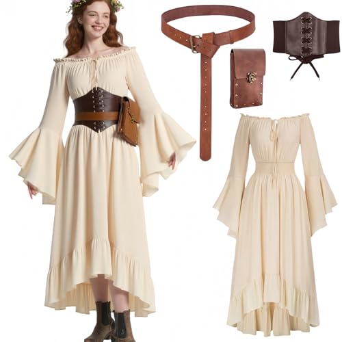 kasahara Mittelalter Kleidung Damen, Elegant Retro Weste Kleid Renaissance Feen Kostüm Victorian Kleid Gothic Hexen Maxi Wedding Dress Karneval Faschingskostüm (Apricot, S) von kasahara