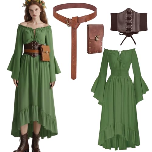 kasahara Mittelalter Kleidung Damen, Elegant Retro Weste Kleid Renaissance Feen Kostüm Victorian Outfit Gothic Hexen Maxi Wedding Dress Karneval Faschingskostüm (Green, S) von kasahara